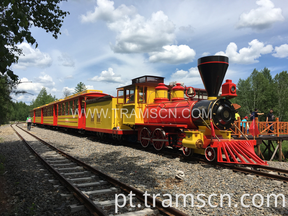 sightseeing train forest train with red and yellow colour